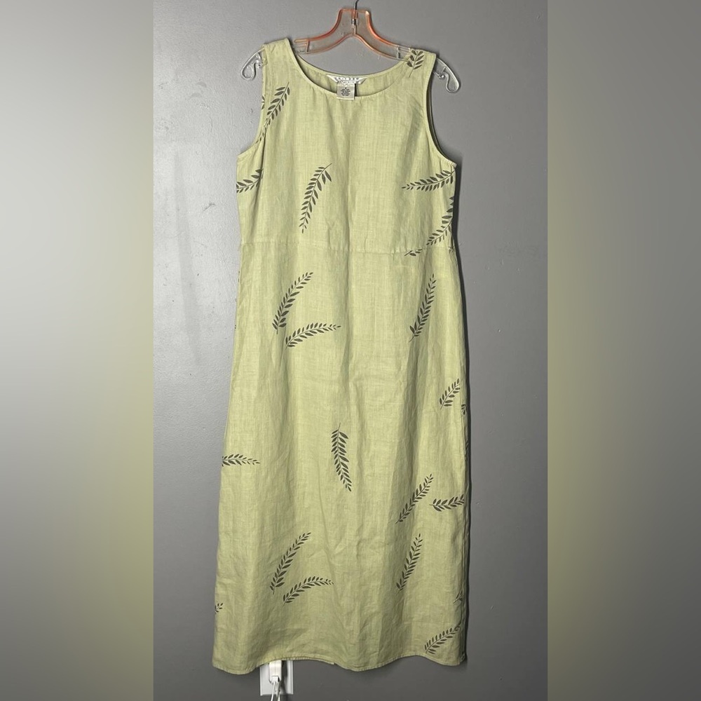 Vtg 90s John Paul Richard Uniform Sage Green Linen Leaf Print Dress Small S
